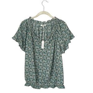Max Studio Womens Short Flutter Sleeve Bubble Hem V-Neck Blouse Green Medium NWT